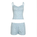 Combhasaki Women Summer Y2K 2Piece Pajamas Loungewear Set Plaid Floral Print Button Camisole Crop Tops +Elastic Low Waist Shorts