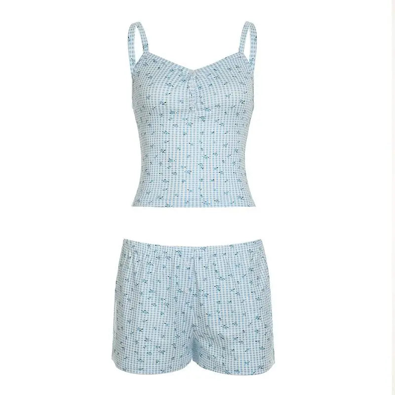 Combhasaki Women Summer Y2K 2Piece Pajamas Loungewear Set Plaid Floral Print Button Camisole Crop Tops +Elastic Low Waist Shorts