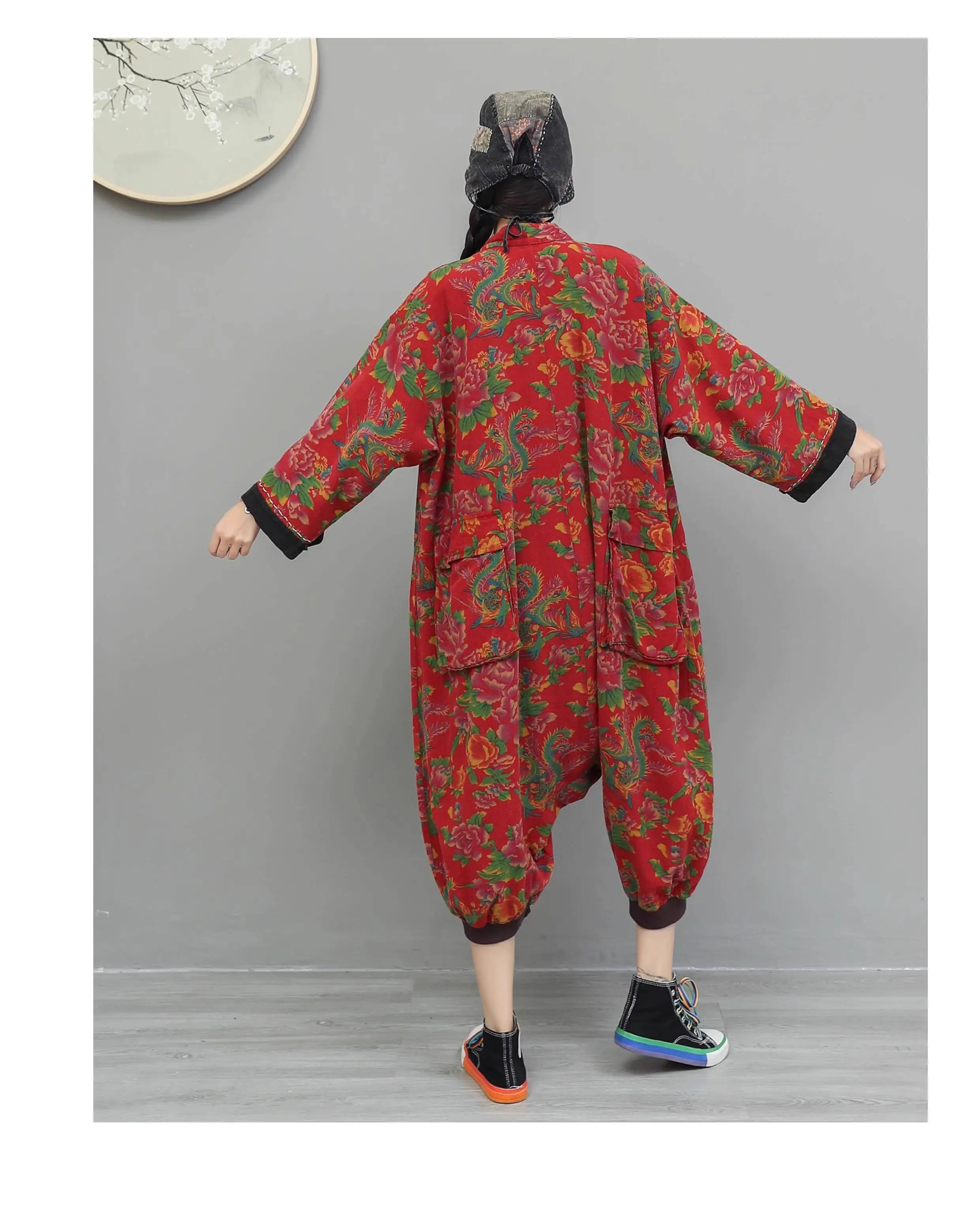 Artistic Large Floral Cotton Linen Chinese Style Button Embroidery Loose Casual Jumpsuit Women LX4344