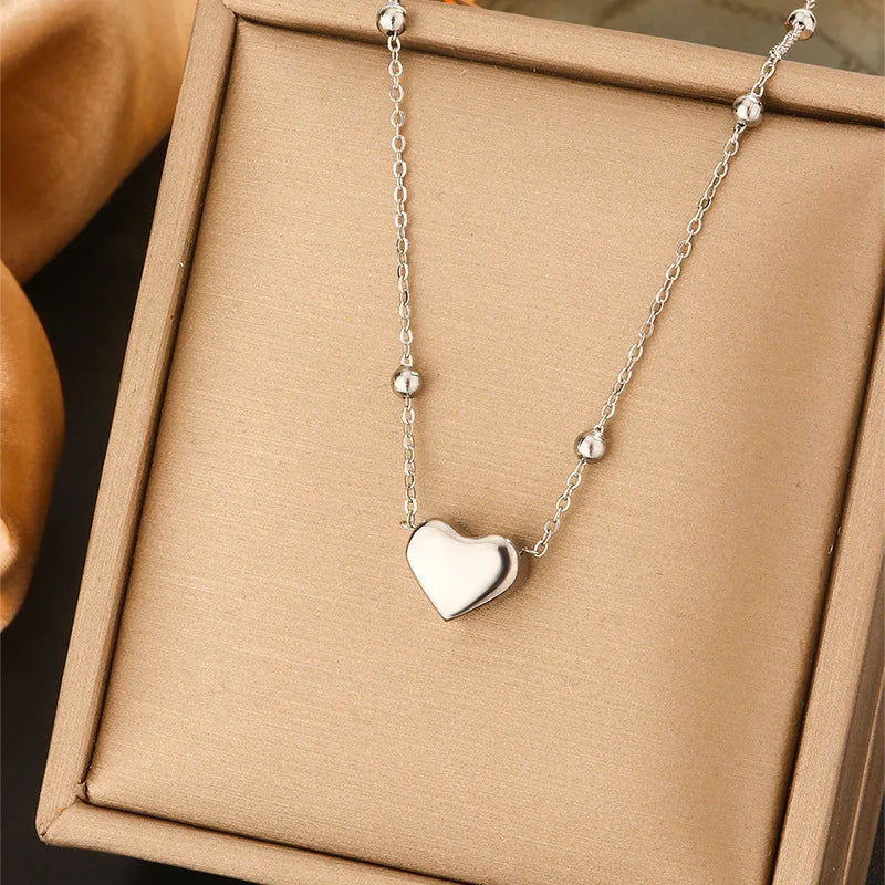Elegant 3D Heart Pendant Bead Chain Necklace Waterproof Stainless Steel Gold-Plated Fashion Jewelry Birthday Engagement Gifts