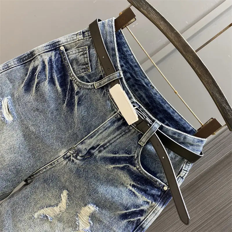 2024 Summer Latest Design Women's Knee-Length Casual Cotton Short Jeans Shorts Washed Blue Ripped Hole New Kpop Luxury Jeans