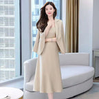 2Pcs/Set Summer Women Suit Dress Outfit  Solid Color Mid-length Lady Dress Sets Light Luxury Commute Sling Dress Coat Set