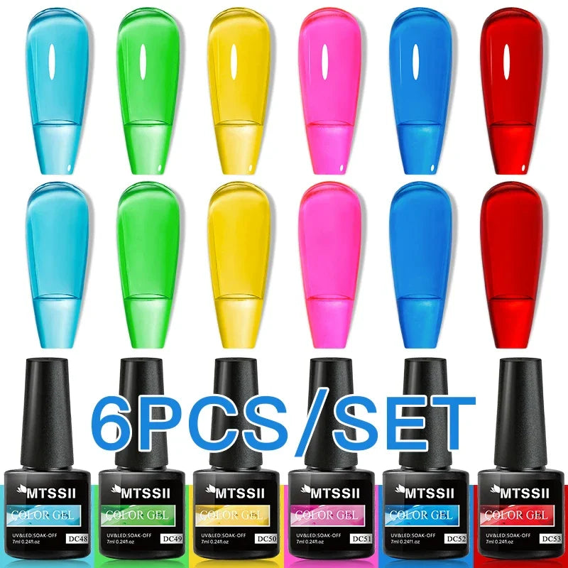 6PCS/SET Glitter Bright Pink Peach Gel Nail Polish Kit Spring Colorful Semi Permanent Soak Off Art UV Gel Varnish For Manicure