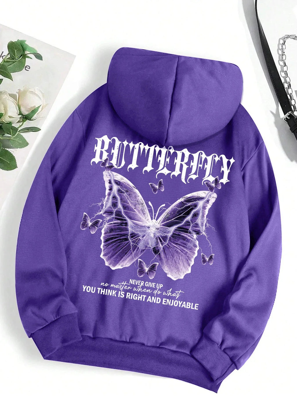 Beautiful Purple Butterfly Printing Hoodies Women Fleece Pocket Hoody Simple Casual Hoodie Autumn Loose Female Streetwear