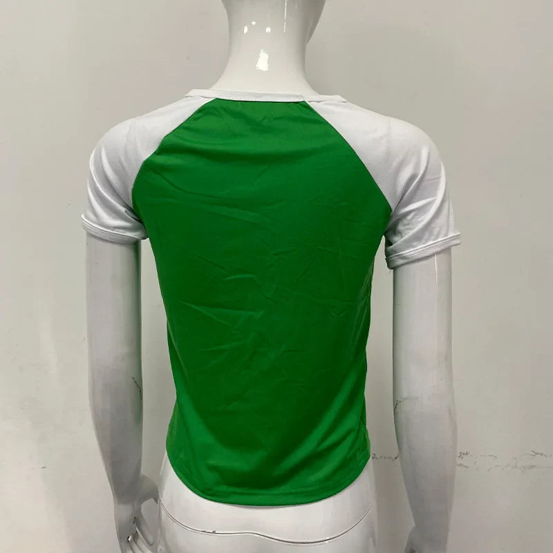 2025 Summer New y2k Leisure Color Blocked Embroidered Nigeria Letter Green T-shirt trend 2025 Women's Clothing Crop Top EMO