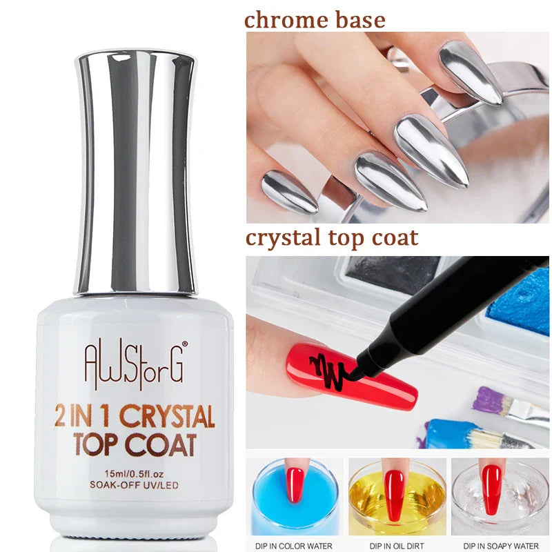 AWStorG15ml 2 IN 1 Crystal Top Coat Transparent Soak Off UV LED Nails Art Manicure Gel Nail Polish Varnishes Primer Function Gel