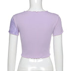 Chic Crop Tops Tees Tie Dye With Sequin Patchwork Women Summer T-shirts Ruffles Hem Purple Or Bule Clothes