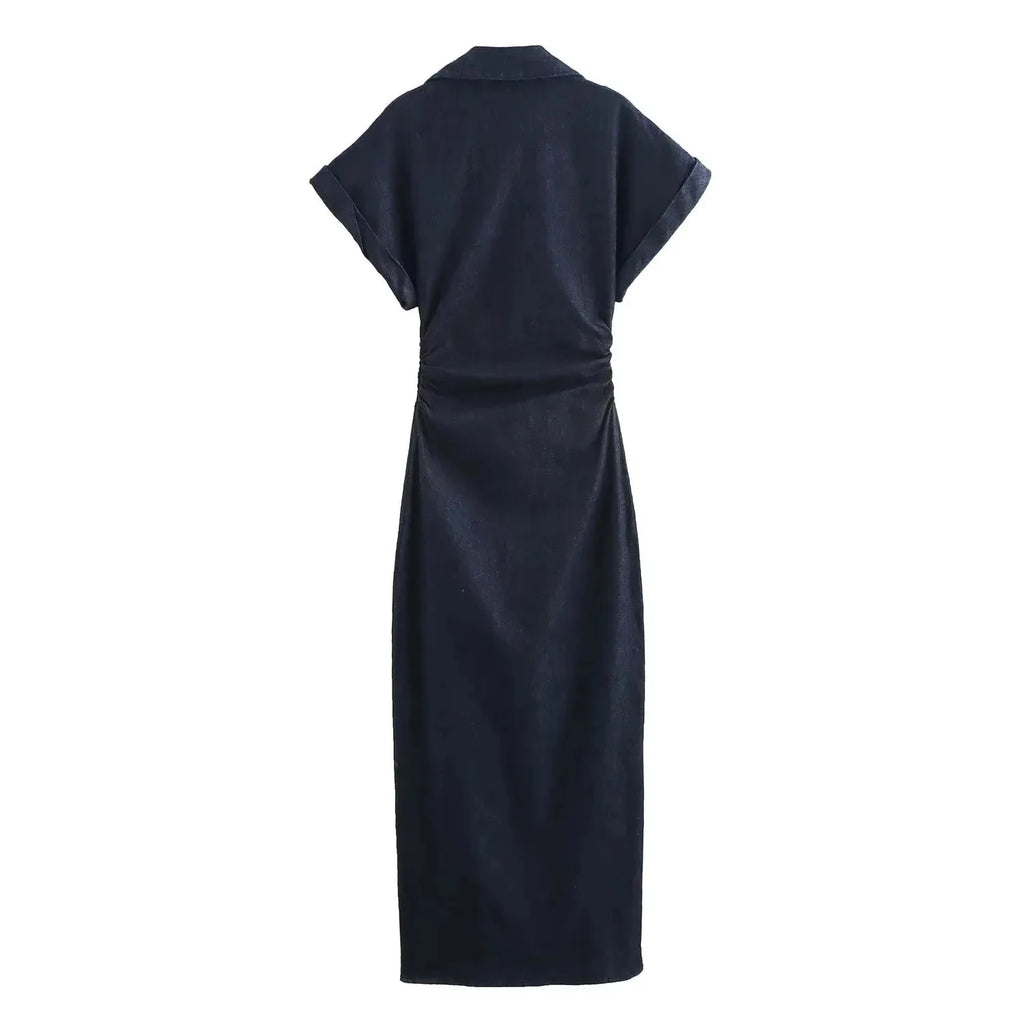 Denim Dress Women's Spring Summer Casual Long Dresses For Women 2025 New Fashion Ruched Short Sleeve Streetwear Midi Dress