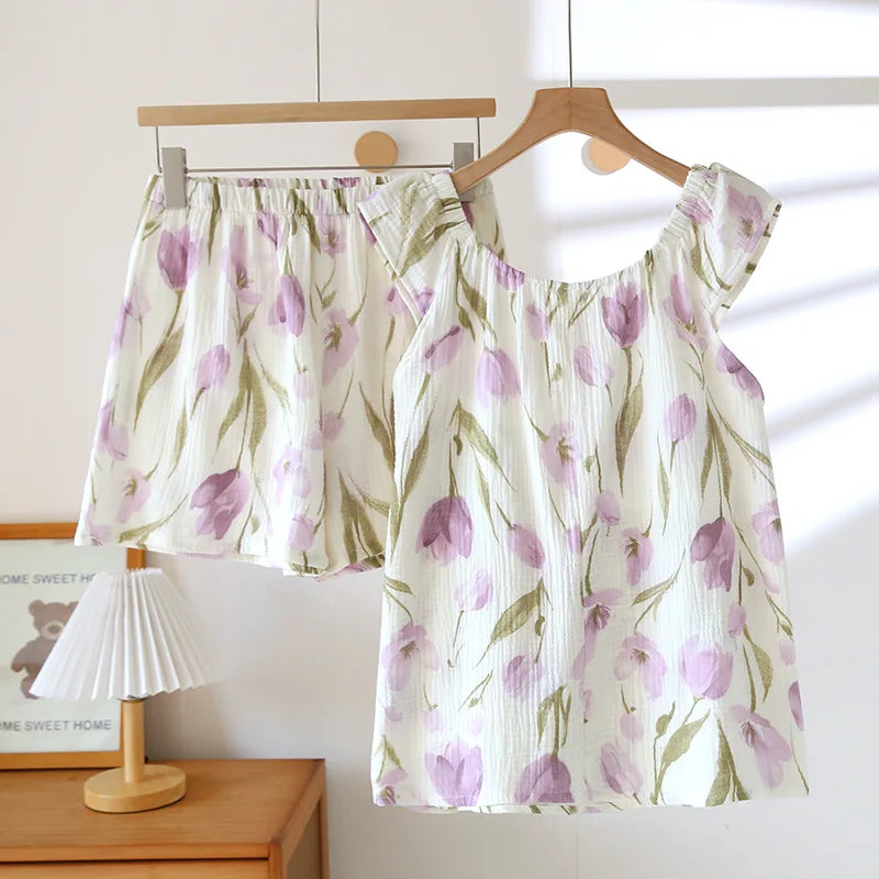 2025 Women's New Summer Pajama Set 100% Cotton Crepe Vest+Shorts Two Piece Loose Home Clothing Set Sleepwear Ladies