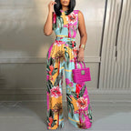 Elegant Women Wide Leg Long Juumpsuit 2024 Spring Summer Fashion Printed Sleeveless Casual Holiday Bodysuits Jumpsuits Trousers