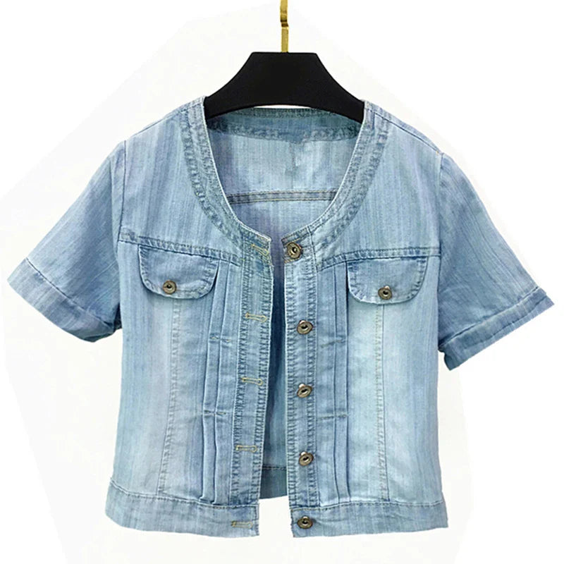2023 Spring/Summer New Denim Jacket Women's Korean Casual Slim All-Match Short Crop Sleeve Short Sleeve Denim Button Up Top
