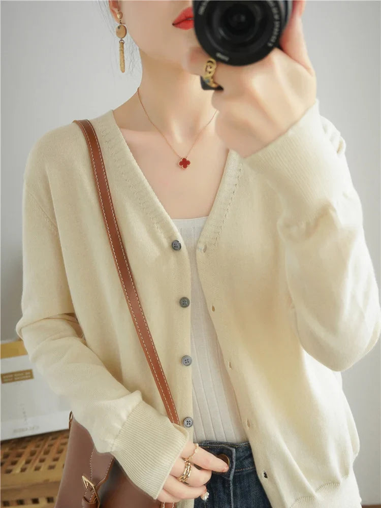 100% Cotton Line Long Sleeve V-Neck Knitted Cardigan Women Loose Short Solid Color Simple Sun Protection SMY K61