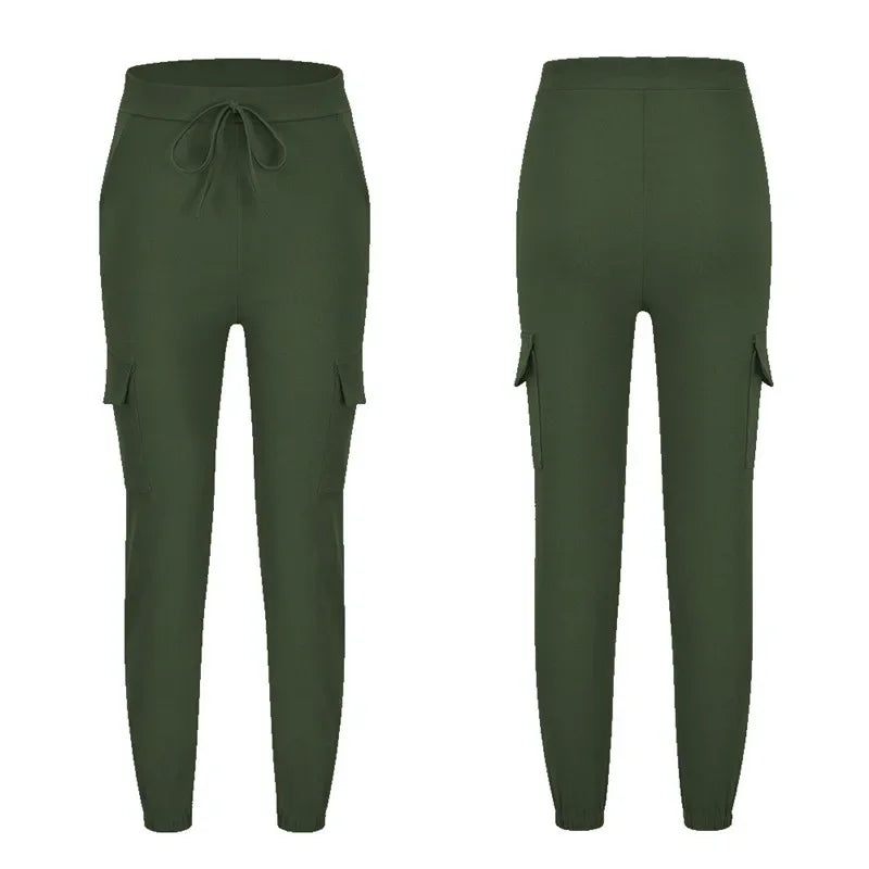 2022 New Solid Jogger Women's Cargo Pants Multi-Pocket Drawstring Elastic Waist Women Sports Pants Streetwear Casual Long Pant