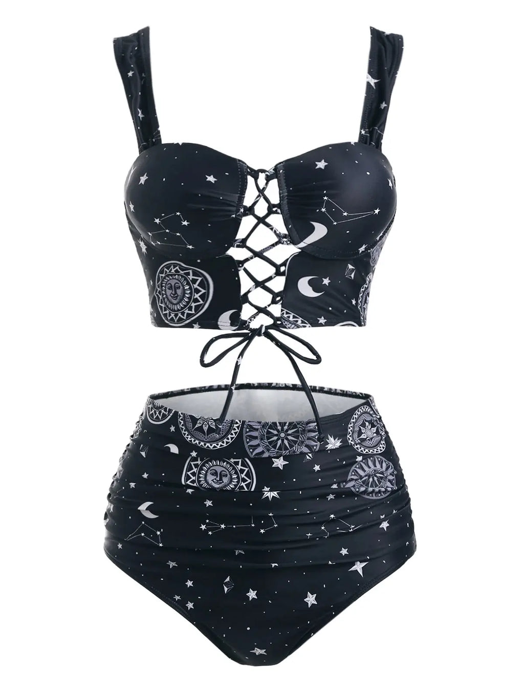 Dressfo Women's Vintage Tanknini Swimsuit Sun Moon Print Lace Up Cut Out Ruched High Waist Bottom Push Up Underwire Swimwear