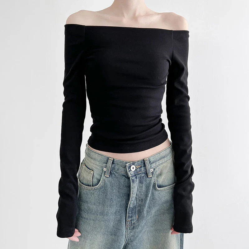 Black Solid Slash Neck Elegant Long Sleeve Tops Korean Fashion Slim Sexy Cropped T Shirt Women Fall Clothing