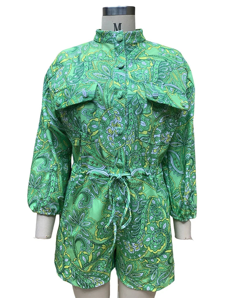 BAMBOOBOY Women Summer Long Sleeve Playsuit with Waist Elastic Band Casual Stand Collar Pocket Loose Wide Leg Short Jumpsuit