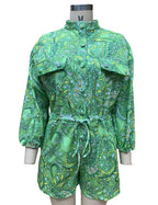 BAMBOOBOY Women Summer Long Sleeve Playsuit with Waist Elastic Band Casual Stand Collar Pocket Loose Wide Leg Short Jumpsuit