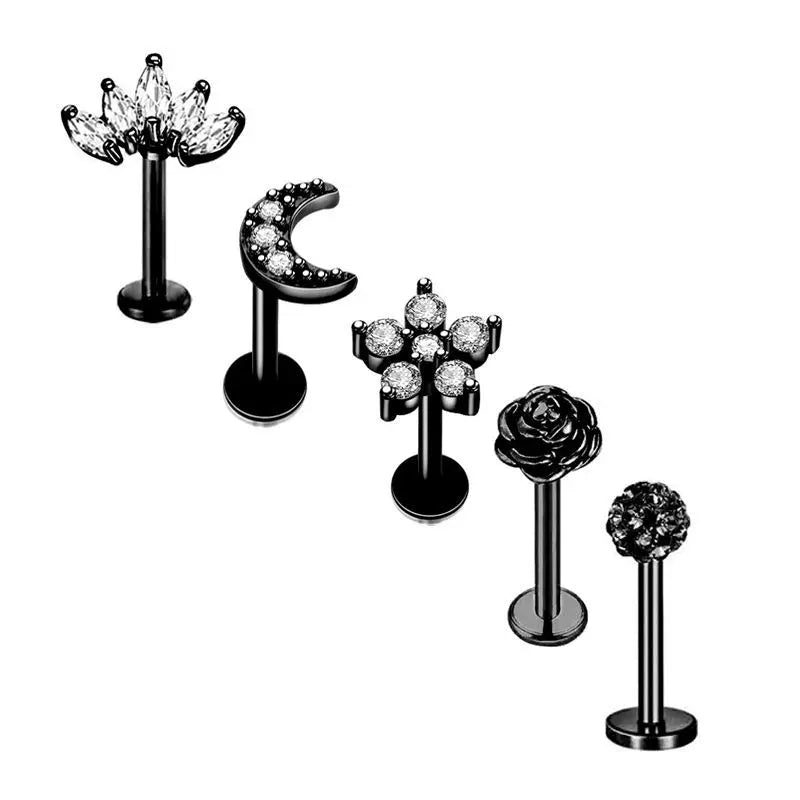 5PCS Flower Tragus Piercing Set Flat Back Cz Cartilage Stud Earring Helix Jewelry Conch Rook Stud Lot Labret Lip Piercing Bulk
