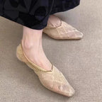 2025 New Lace Mesh Breathable Single Shoes Women's Summer French Square Toe Slip-On Chain Mary Jane Flats