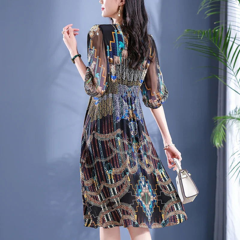 2025 Summer Bohemian Dresses For Women Elegant V-neck High Waist Women's Print Black Dress A-line 100% Real Silk Long Midi Dress