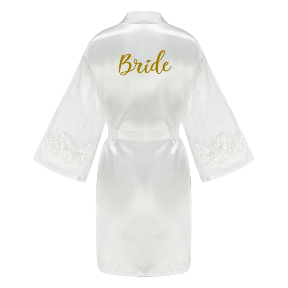 Green Bridesmaid Wedding Party Team Bride Robe With Gold Letters Lace Mesh Sleeve Kimono Satin Pajamas Mother Bathrobe