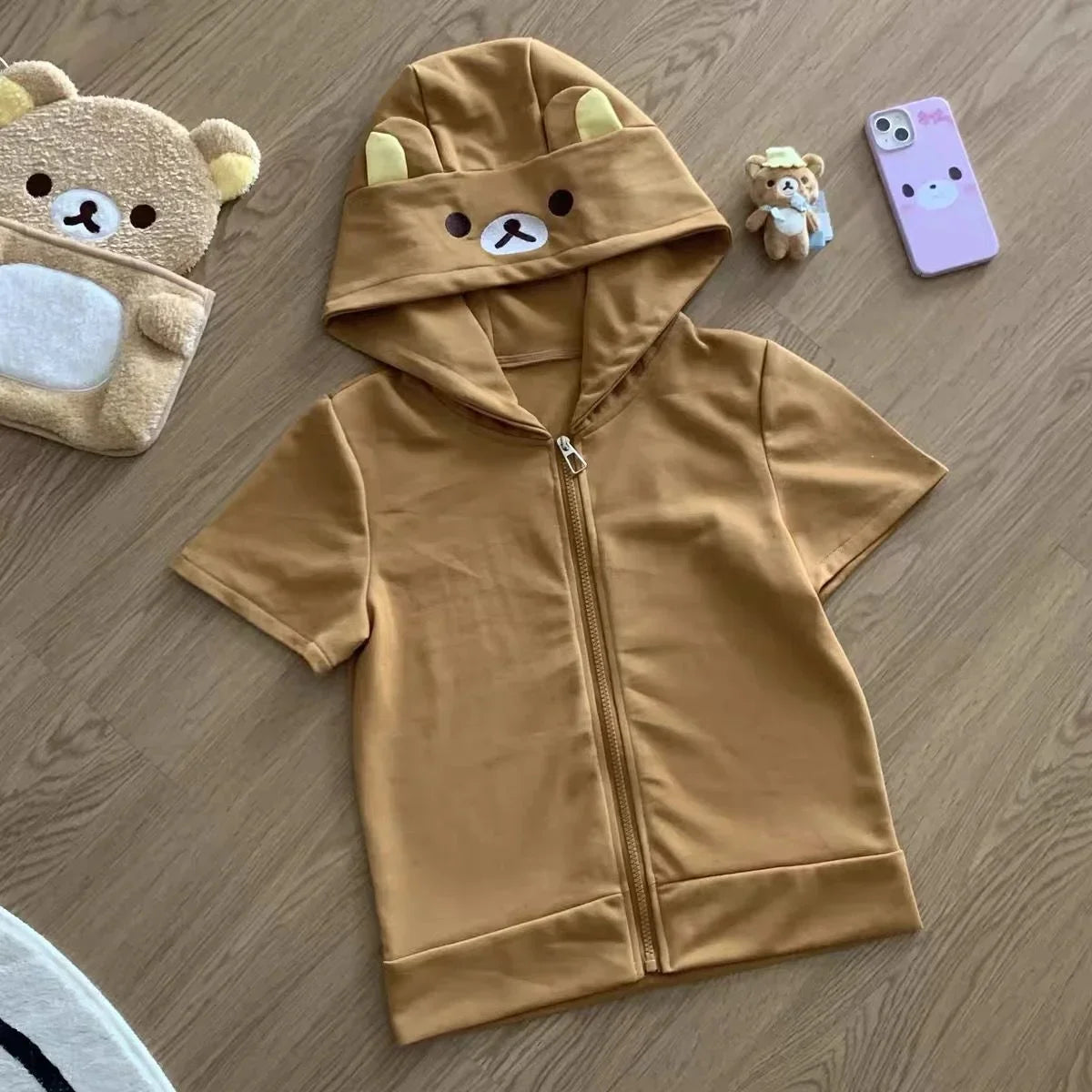 Cute Cartoon Hoodie Rilakkumaed Zip-up Hoodie Teddy Bear Ears Long Sleeve Jacket Fashion Women's Casual Cardigan Cotton Clothing