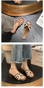 2025 Summer new arrival,fashion style grids high heel slippers for woman,thick heel outwear beach sandals for women