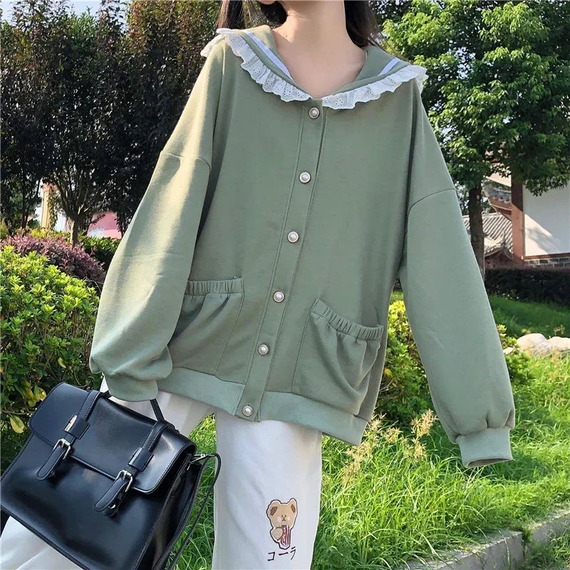 Autumn Sweet Women Hoodies Loose Hooded Sailor Collar Cute Lace Patchwork Female Zip Up Hoodies 2025 NEW