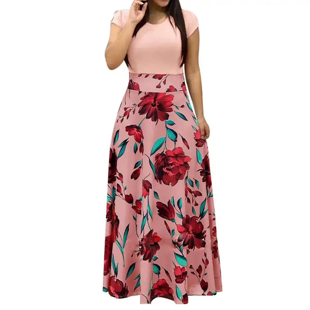Elegant Women's Long Dress Flower Retro Printed Patchwork Long Sleeve Banquet Maxi Robe S-5XL