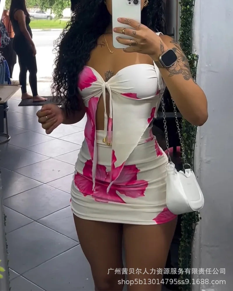 2 Piece Set Women's Floral Print Split Strapless Sleeveless Top & Mini Shorts Pants Set Summer Sexy