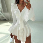 2025 New Autumn Irregular Hem Dress Women Y2K Flare Sleeve V-Neck Bandage Stretch Elegant Birthday Party Chic Hipster Bodycon