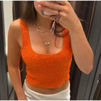 Elegant Sequined Orange Cardigans Women Y2k O-neck Short Sleeve One Button Female Tops 2025 Street Summer Lady Chic Knitwear