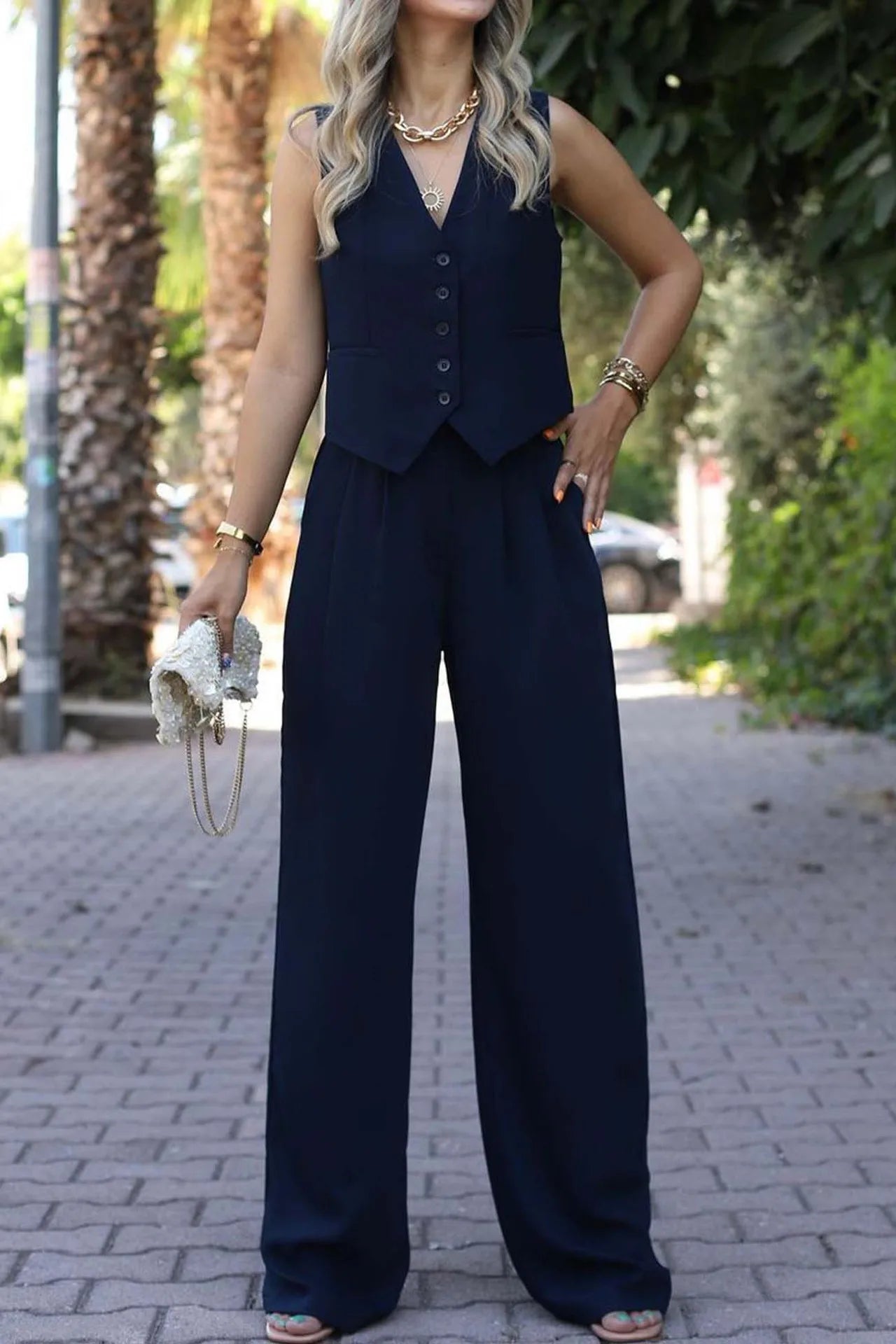 casual sleeveless suit set office lady spring summer elegant slim v-neck blazer tops pants two piece set women outfit 2024