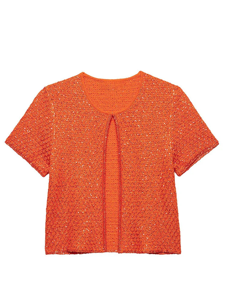 Elegant Sequined Orange Cardigans Women Y2k O-neck Short Sleeve One Button Female Tops 2025 Street Summer Lady Chic Knitwear