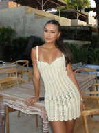 Elegant Knit Women's Summer Dress Elegant Pearl Decoration Square Collar Sleeveless Female Short Dresses Chic Ladies Beach Robe