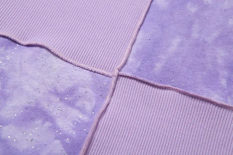 Chic Crop Tops Tees Tie Dye With Sequin Patchwork Women Summer T-shirts Ruffles Hem Purple Or Bule Clothes