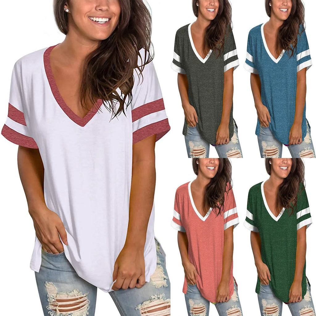 2024 Europe and the United States spring and summer new women's base shirt solid color V-neck splicing short sleeve loose T-shir