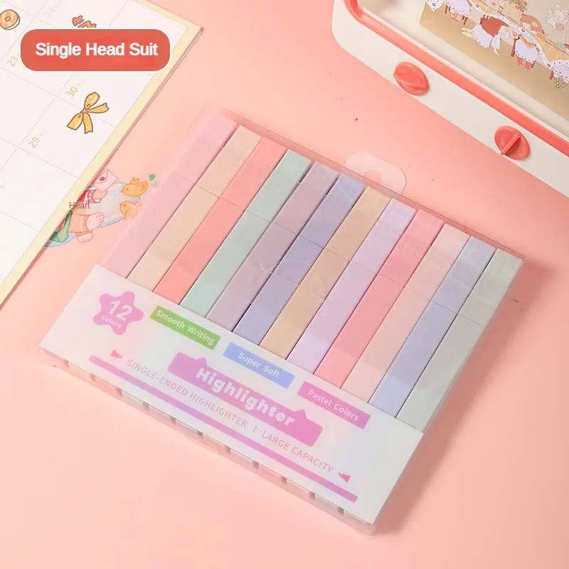 12 Pcs/Set Double Tip Highlighter Pens Kawaii Manga Markers Midliner Pastel Gel Set Stationery Journal School office Supplies
