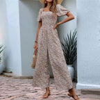 Bohemian Vacation Holiday Jumpsuit Women Pleated Wide Leg Rompers Chiffon Print Ethnic Playsuit Summer Casual Jumpsuits