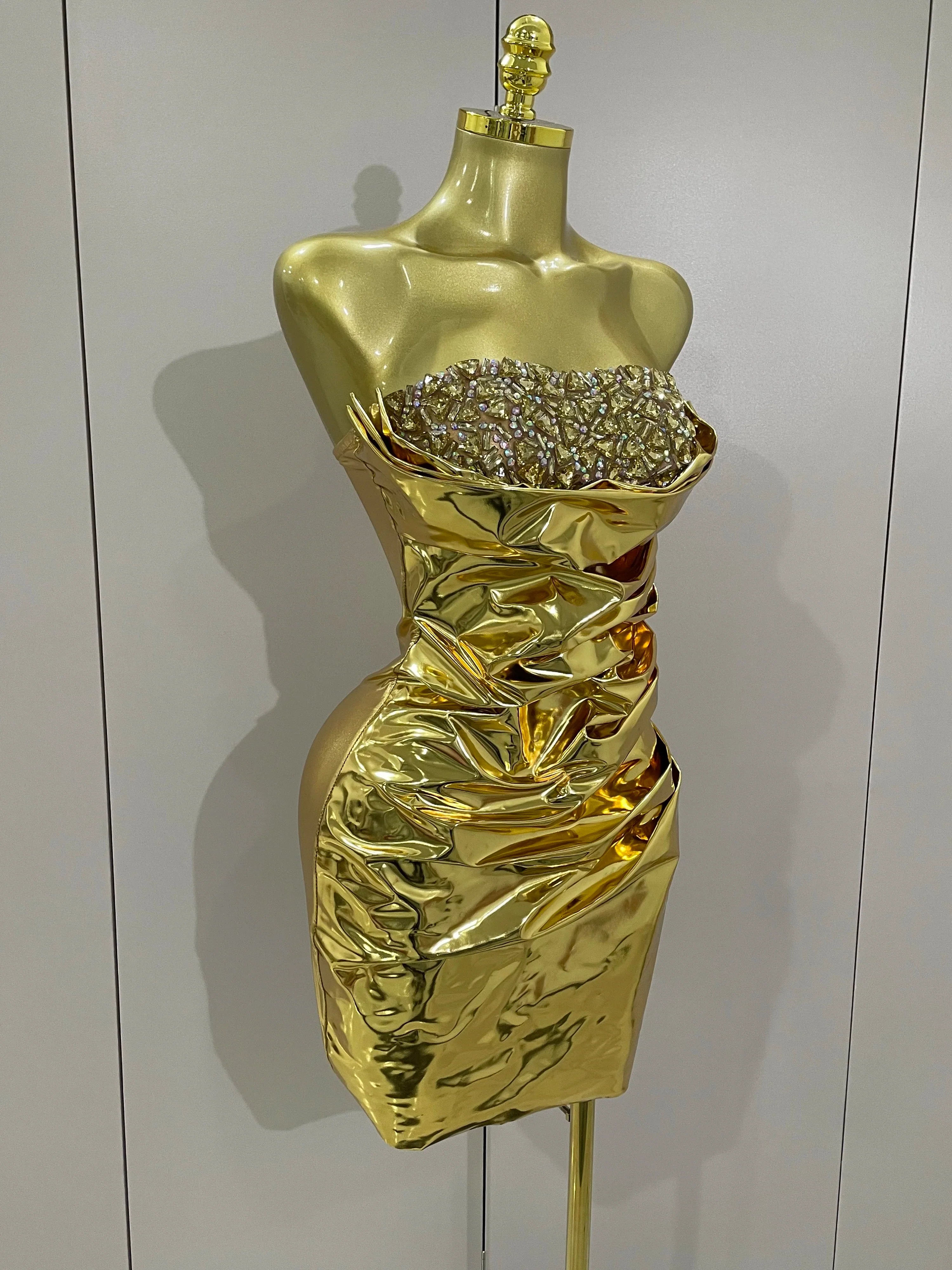 2025 New Sparkly Diamonds Crystal Sexy Mesh See Through Bodycon Mini Dress Women Birthday Party Celebrate Performance Costume