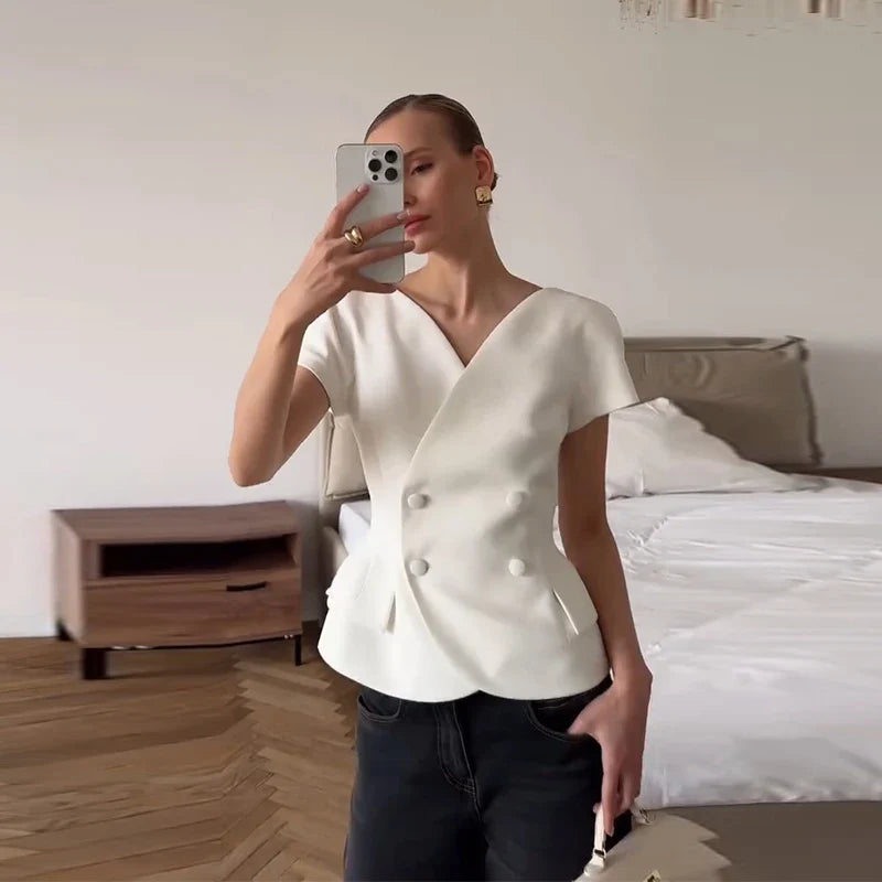 Elegant Short Sleeve Women's Top 2025 Summer Fashion V-neck Button Slim Office Lady Commuting Tops Street Solid Female Shirt