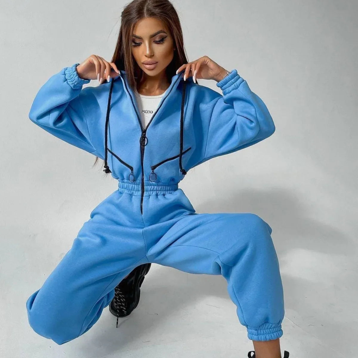 Autumn Women's Monochrome Long-Sleeved Jumpsuit Solid Color Zip-up Sportswear Female Winter Casual Tracksuit Fashionable Hoodies