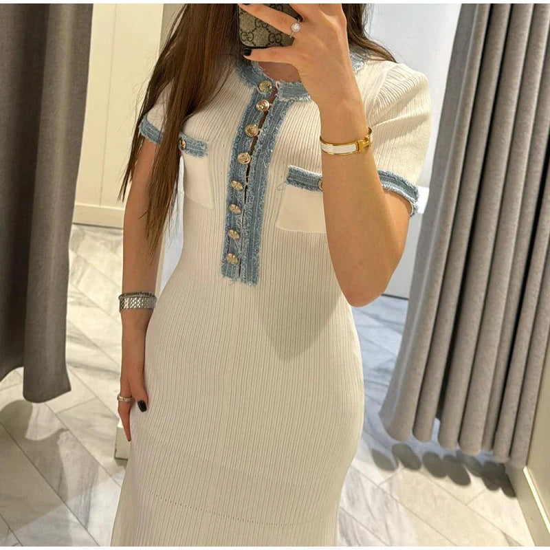 Elegant Denim Patchwork Knitted Long Dress Women Fashion V Neck Short Sleeved Buttons Bodycon Dresses Female White Pockets Robes