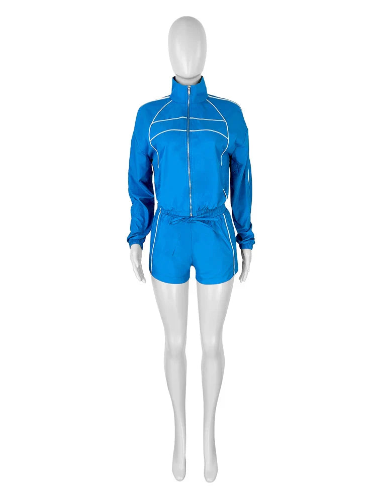 2025 Trendy Woman Clothes Sets Y2k Lounge Tracksuit Contrast Color Long Sleeve Zip Windbreaker Jacket Shorts 2 Piece Set Outfits