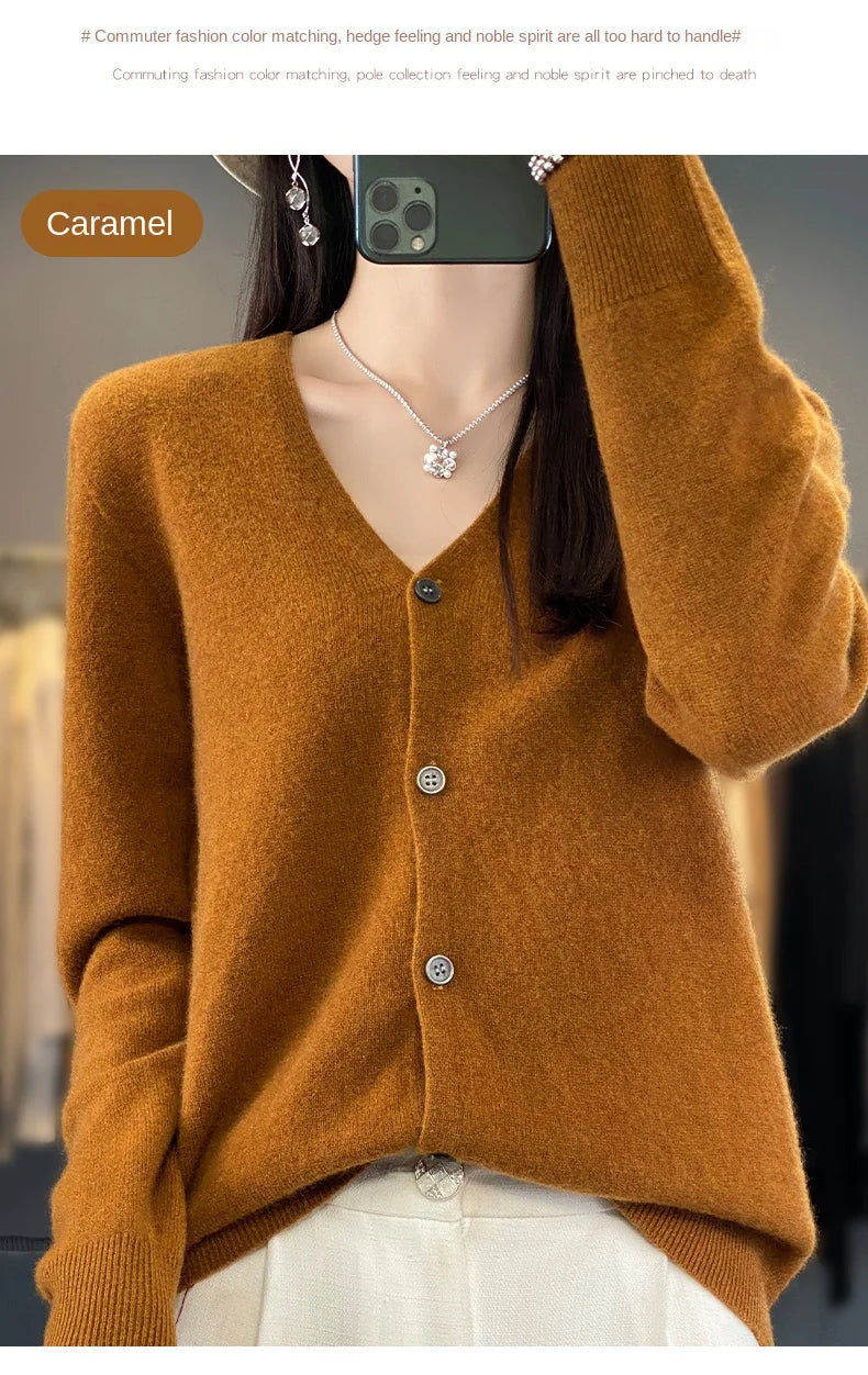 100 Merino Wool Knitted V-neck Sweater Women's Top Loose Korean Version Fashionable Versatile Autumn And Winter Cashmere Sweater