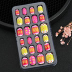 24Pcs Children Cartoon Nail Tips Colorful Cute Rabbit Pink Stars 6-14 Years old Girl Fake Nail With Jelly Glue Kids False Nail