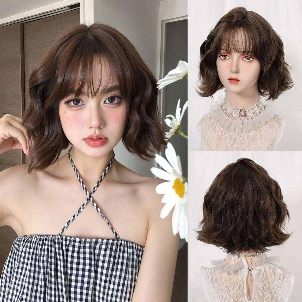 Allbell Magique Short Wavy Wig Bob Curly Wig With Bangs Dirty Orange Lolita Wigs Natural Synthetic Wig For Woman Heat Resistant
