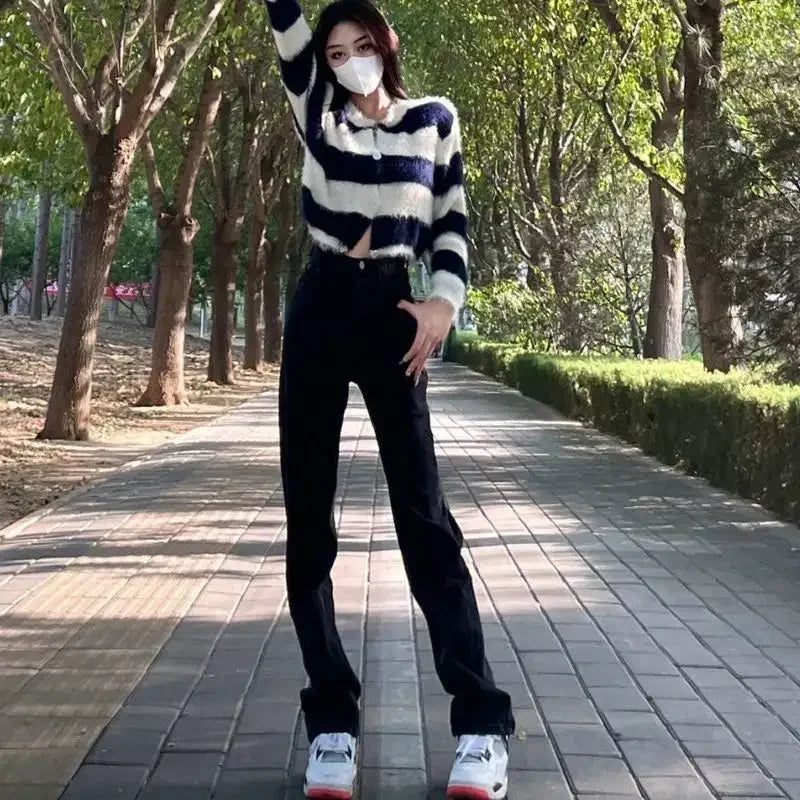 Gothic Embroidery High Waited Jeans Woman Street Harajuku Hip Hop Vintage Y2k Baggy Jeans Women Casual Black Jeans Pants Women