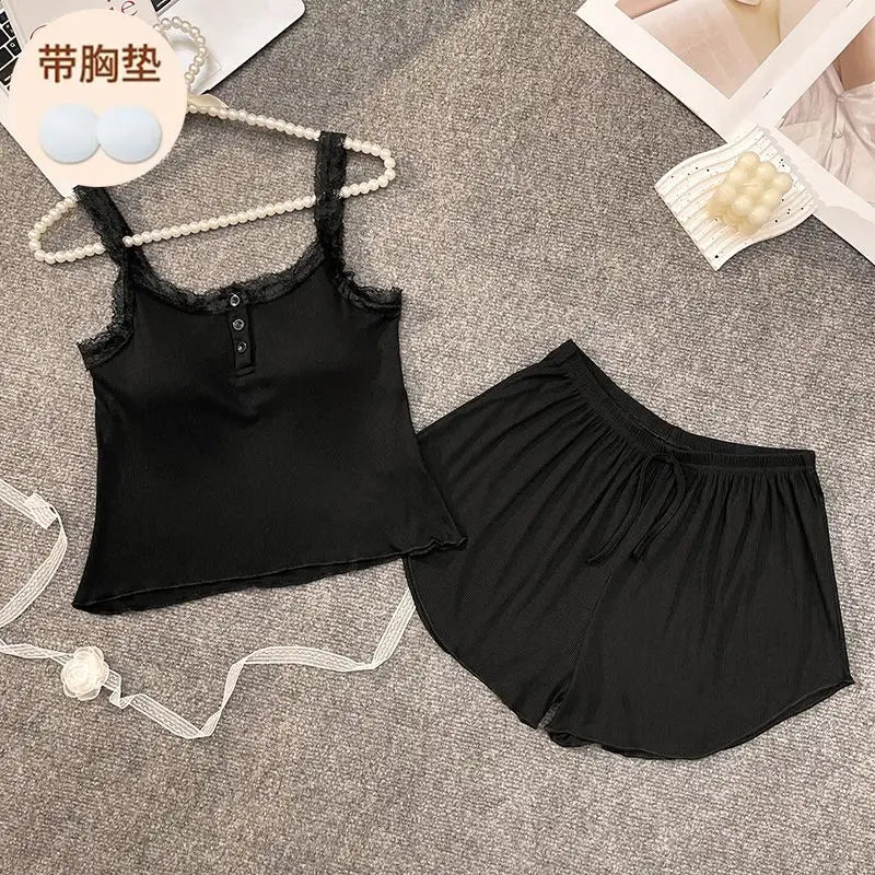 Casual Women Pajamas Summer Sleepwear Spaghetti Strap Shorts Sets 2 Pieces Night Wears O-neck Korean Sleeping Solid Home Suit