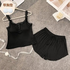 Casual Women Pajamas Summer Sleepwear Spaghetti Strap Shorts Sets 2 Pieces Night Wears O-neck Korean Sleeping Solid Home Suit